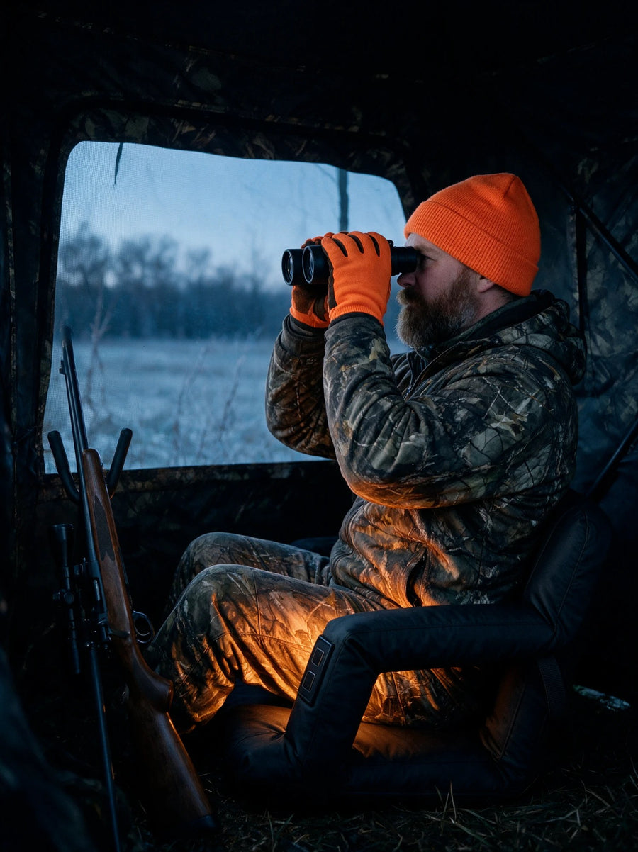 Hunter glassing from a ground blind on BlindWarm