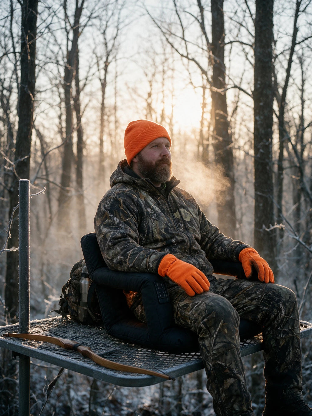 Hunter sitting on BlindWarm in a treestand at sunrise