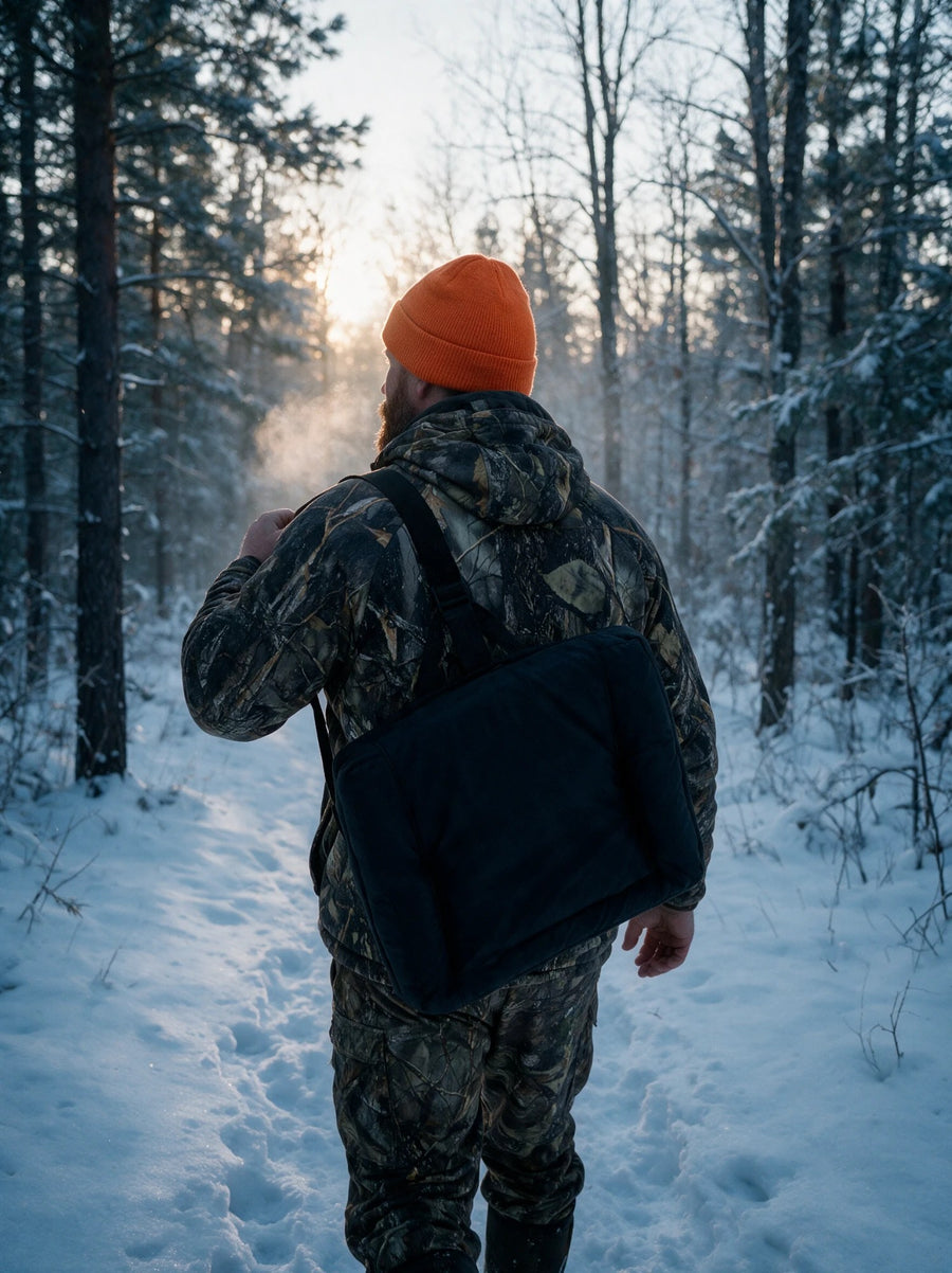 Hunter carrying a folded BlindWarm through the snow